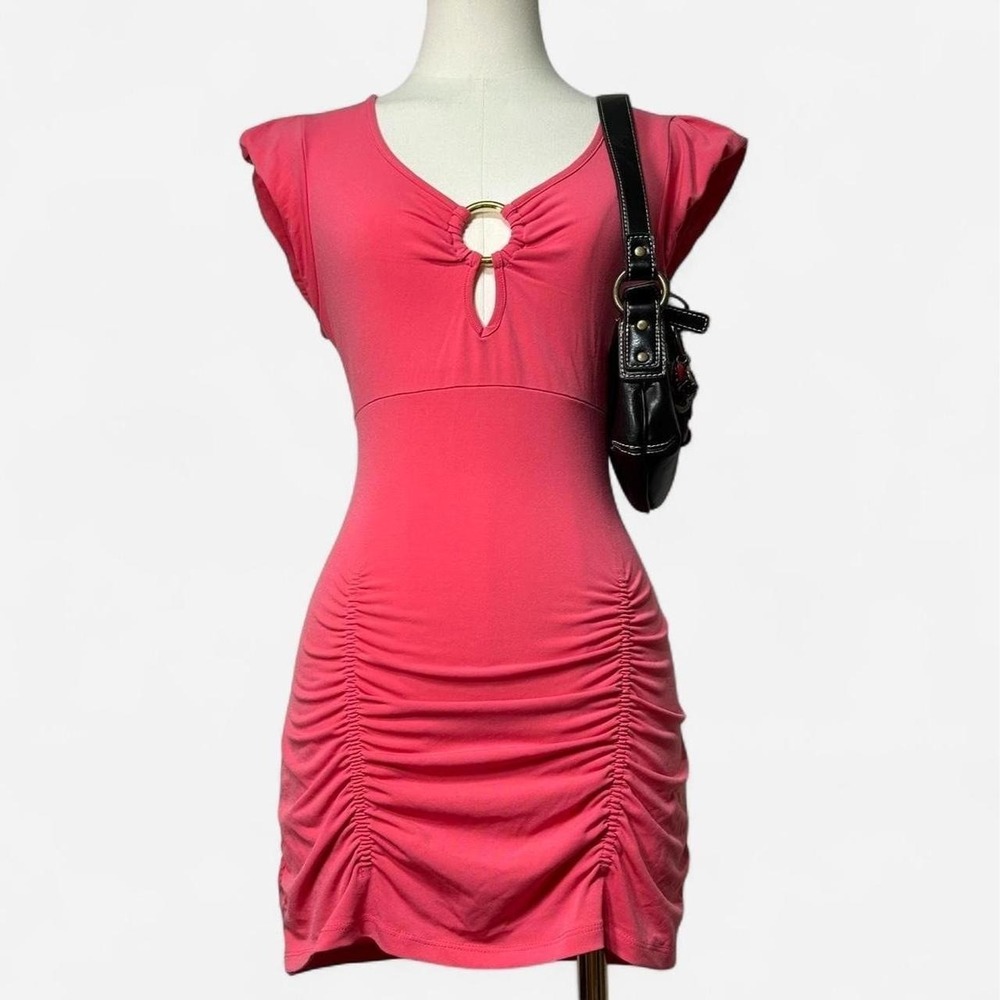 Vintage Y2K Pink Ruched Mini Bodycon Dress Gold Ring Junior L/Women S It Girl